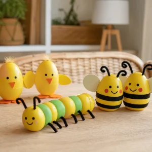 Bricolages en capsules Kinder Surprise jaunes transformées en poussins, abeilles et chenille sur table en bois clair