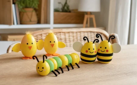 Bricolages en capsules Kinder Surprise jaunes transformées en poussins, abeilles et chenille sur table en bois clair