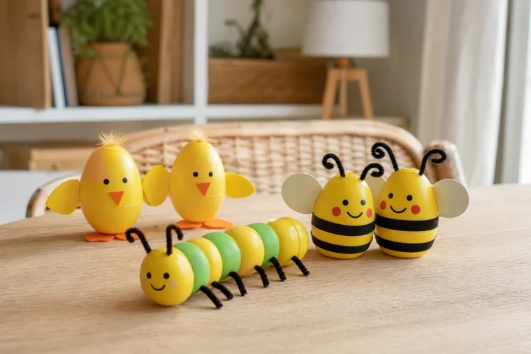 Bricolages en capsules Kinder Surprise jaunes transformées en poussins, abeilles et chenille sur table en bois clair