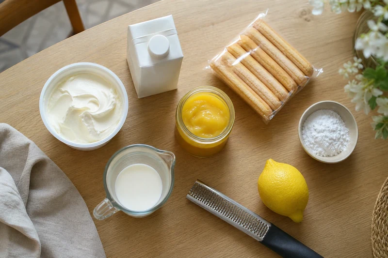 Ingrédients pour la charlotte au citron : mascarpone, crème entière, lemon curd, biscuits à la cuillère et citron bio