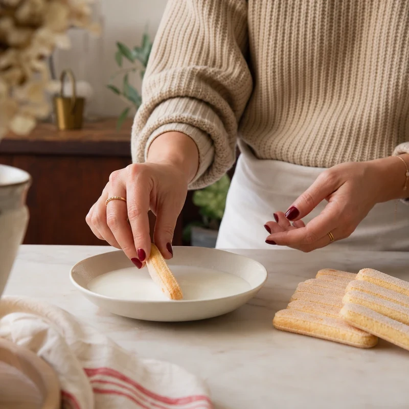 Étape : tremper brièvement les biscuits à la cuillère dans le lait entier