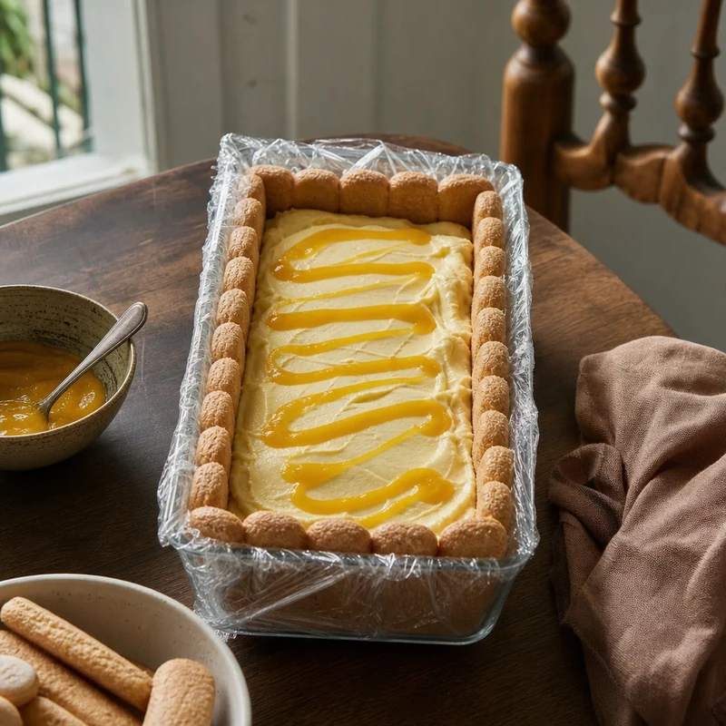 Étape : montage de la charlotte, alterner biscuits, crème mascarpone et lemon curd