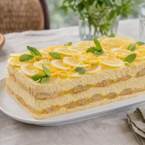 Charlotte au citron sans cuisson tranchée, garnie de rondelles de citron et de menthe fraîche