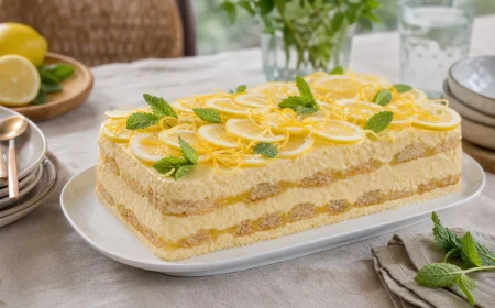 Charlotte au citron sans cuisson tranchée, garnie de rondelles de citron et de menthe fraîche