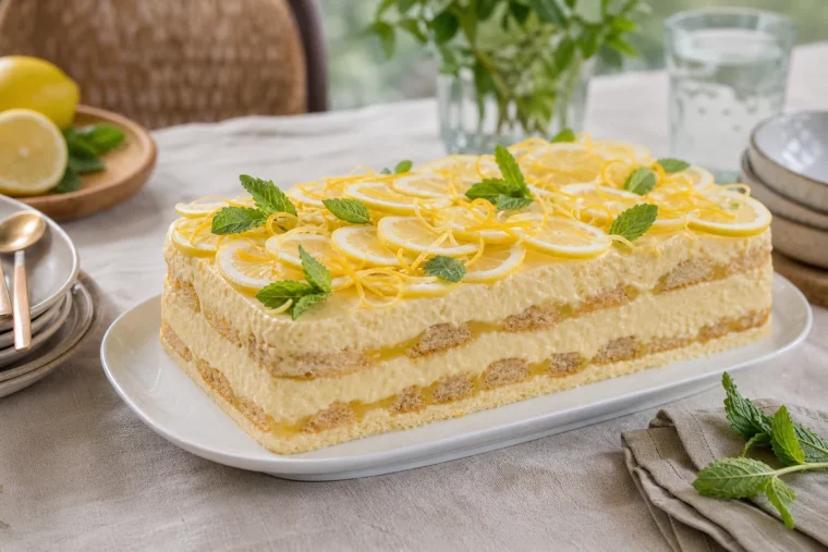 Charlotte au citron sans cuisson tranchée, garnie de rondelles de citron et de menthe fraîche