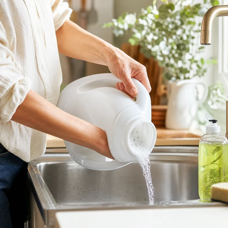 Nettoyage à l'eau chaude et liquide vaisselle d'un bidon de lessive avant peinture