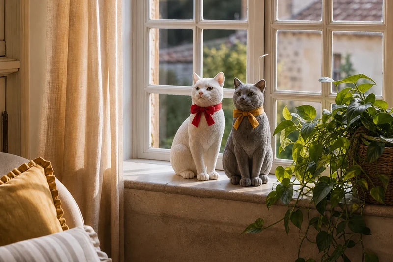 Deux chats déco DIY installés sur le rebord d'une fenêtre avec plante verte