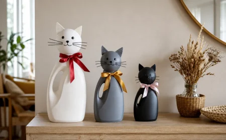 Trois chats déco DIY fabriqués avec des bidons de lessive vides peints en blanc, gris et noir