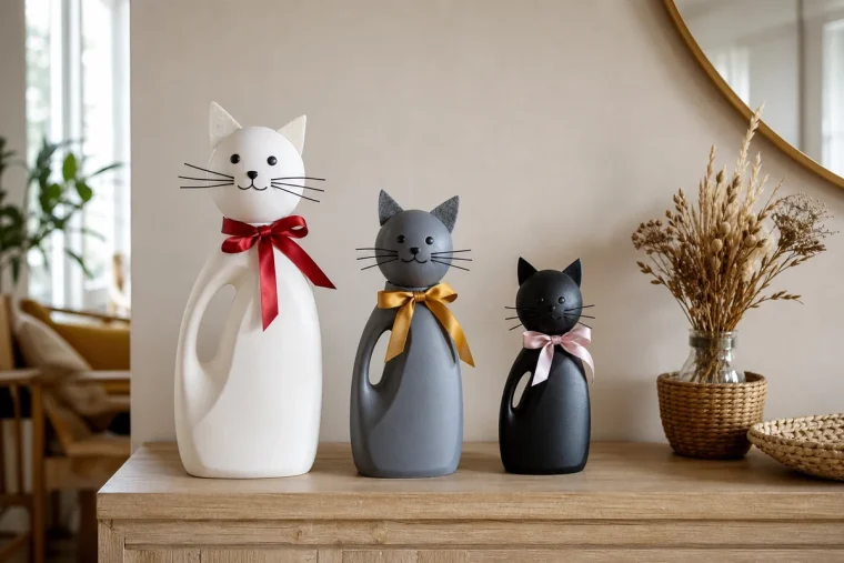 Trois chats déco DIY fabriqués avec des bidons de lessive vides peints en blanc, gris et noir
