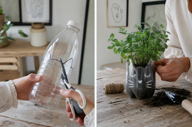 Découpe d'une bouteille plastique pour créer un cache-pot en forme de chat