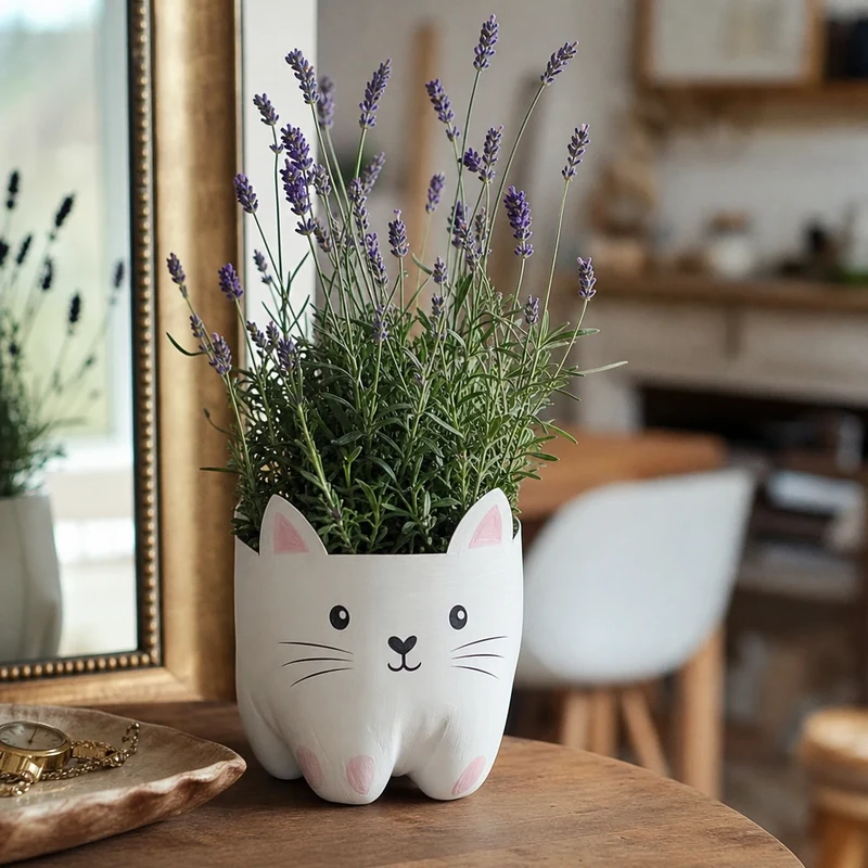 Cache-pot chat blanc bricolé en bouteille plastique planté de lavande