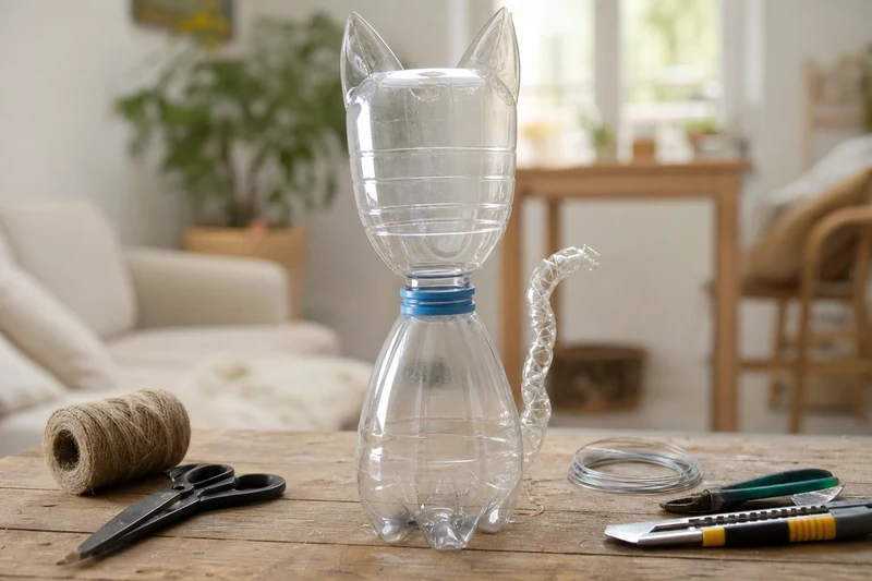 Assemblage de deux bouteilles plastique pour former une figurine chat avant peinture