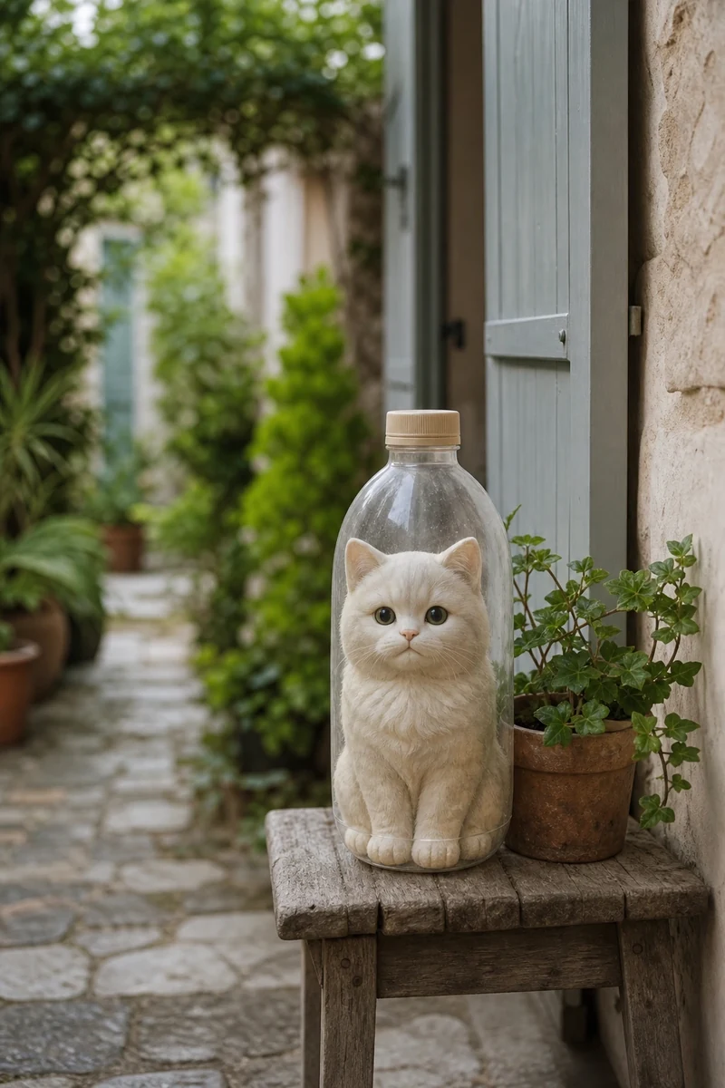 Figurine décorative chat crème en bouteille plastique dans une allée de jardin