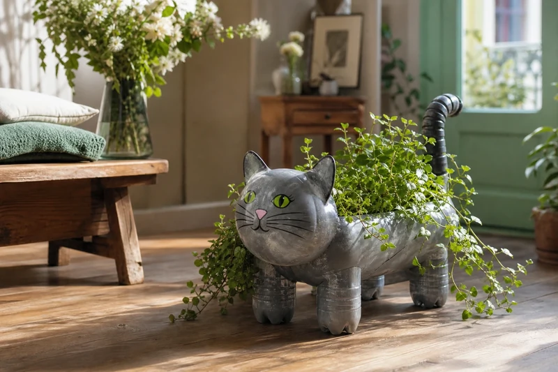 Assemblage d'une jardinière chat sur quatre pattes en bouteilles plastique