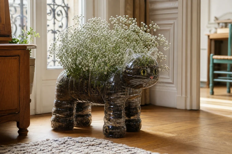Chat-jardinière sur quatre pattes en bouteilles plastique planté de gypsophile