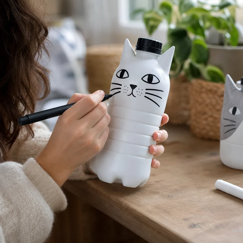 Détail du dessin des moustaches au marqueur sur un chat en bouteille plastique