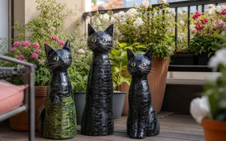 Trois chats décoratifs en bouteilles plastique recyclées ornant une terrasse fleurie