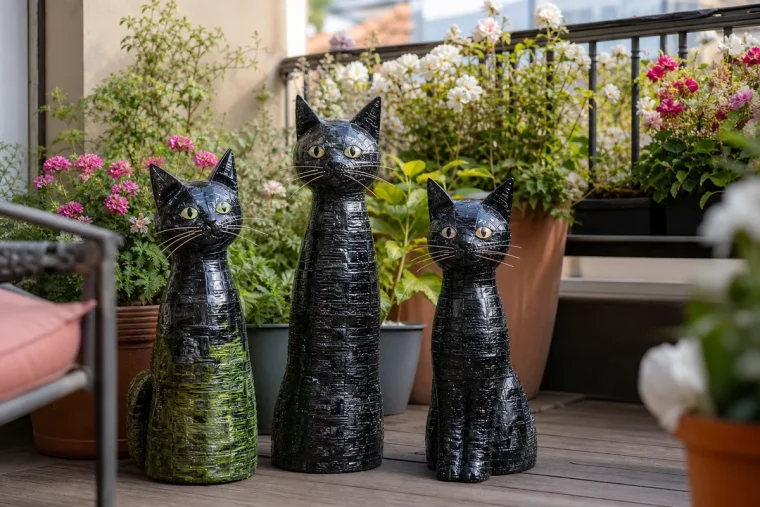Trois chats décoratifs en bouteilles plastique recyclées ornant une terrasse fleurie