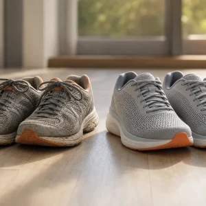 Paire de chaussures de running usées à côté d'une paire neuve sur un parquet clair