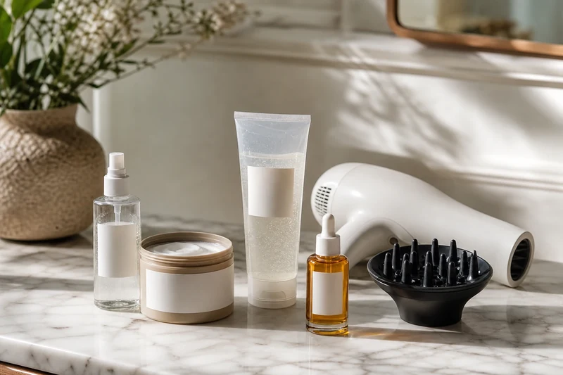 Kit produits cloud curls posés à plat : leave-in, crème définissante, gel, diffuseur et huile capillaire