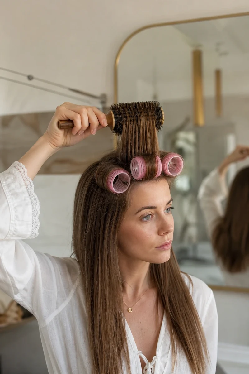 Brosse ronde et rouleaux velcro roses au sommet du crâne pour cheveux lisses
