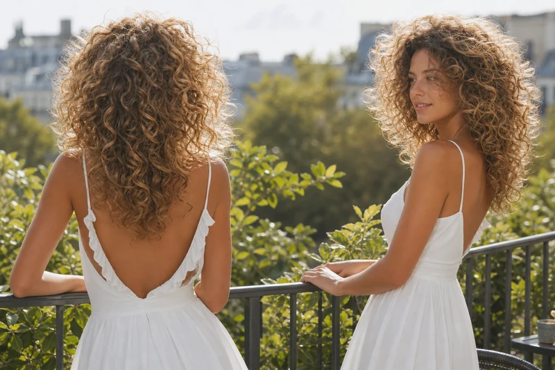Cloud curls vues de dos avec volume racinaire aérien et boucles rebondies en extérieur