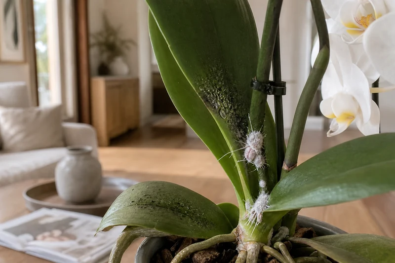 Amas cotonneux de cochenilles farineuses à l'aisselle d'une tige d'orchidée phalaenopsis avec miellat brillant