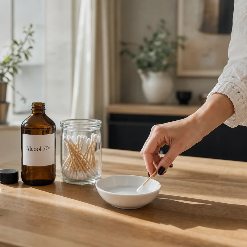 Alcool à 70° et coton-tige, matériel pour traiter localement les cochenilles farineuses
