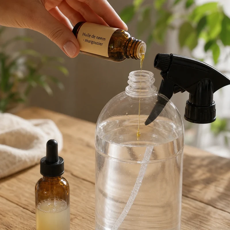 Dilution d'huile de neem émulsionnée avec quelques gouttes de savon doux pour traiter les cochenilles