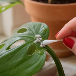 Cochenilles farineuses cotonneuses sur feuille de monstera, traitement au coton-tige imbibé d'alcool