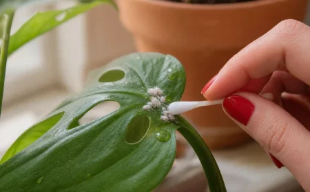 Cochenilles farineuses cotonneuses sur feuille de monstera, traitement au coton-tige imbibé d'alcool