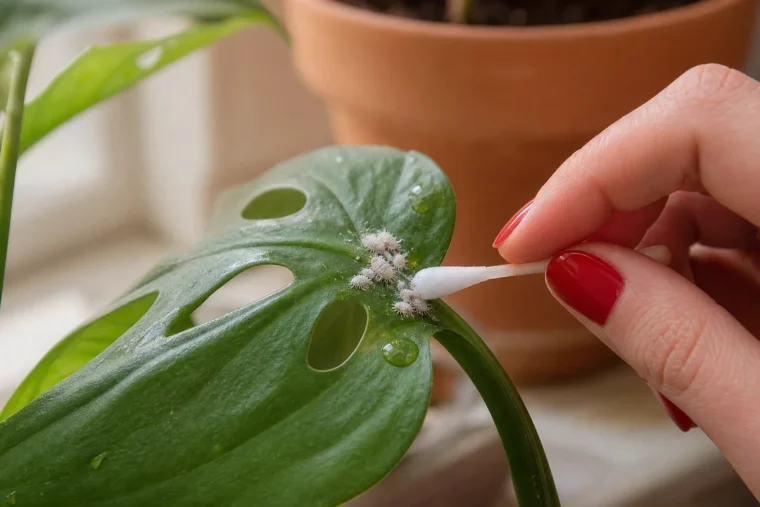 Cochenilles farineuses cotonneuses sur feuille de monstera, traitement au coton-tige imbibé d'alcool