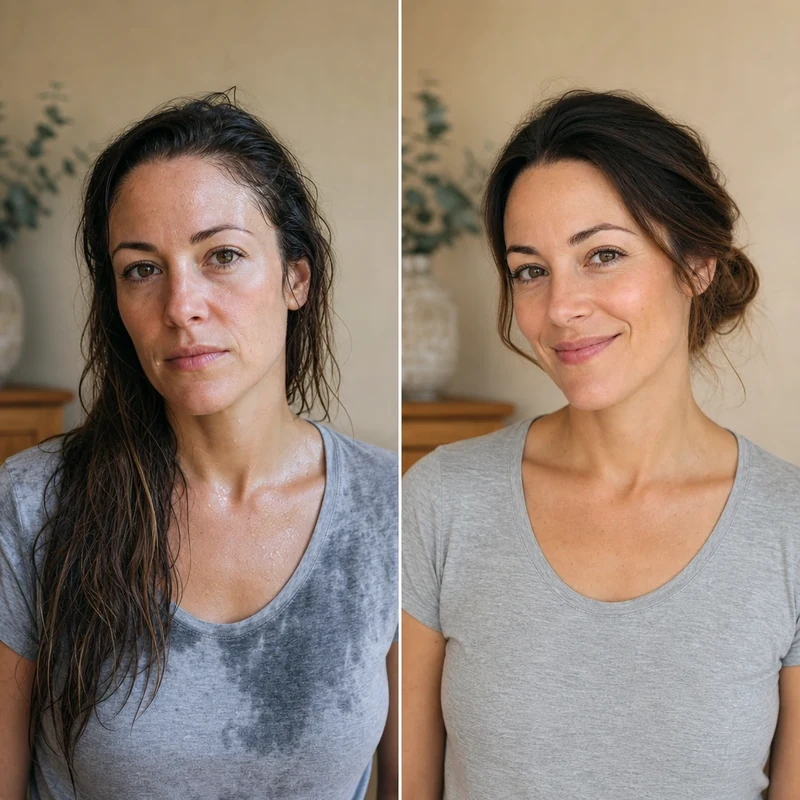 Avant-après : cheveux détachés qui collent versus chignon flou bas qui dégage la nuque
