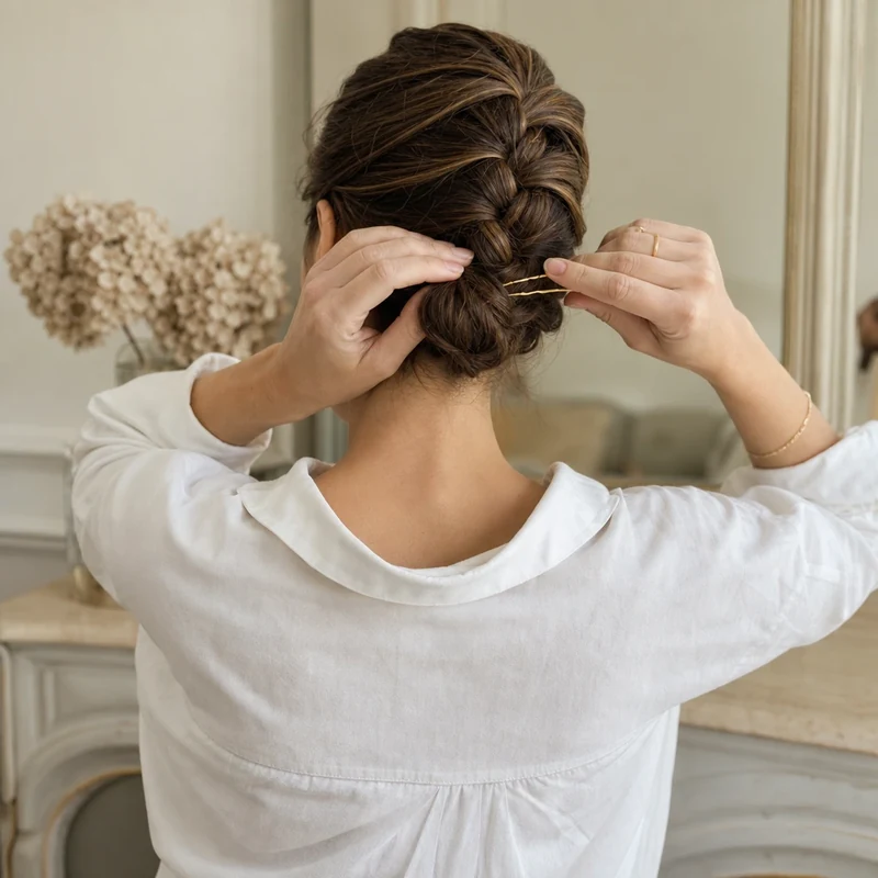 Tresse-chignon combinés vue de dos, technique canicule qui tient toute la journée