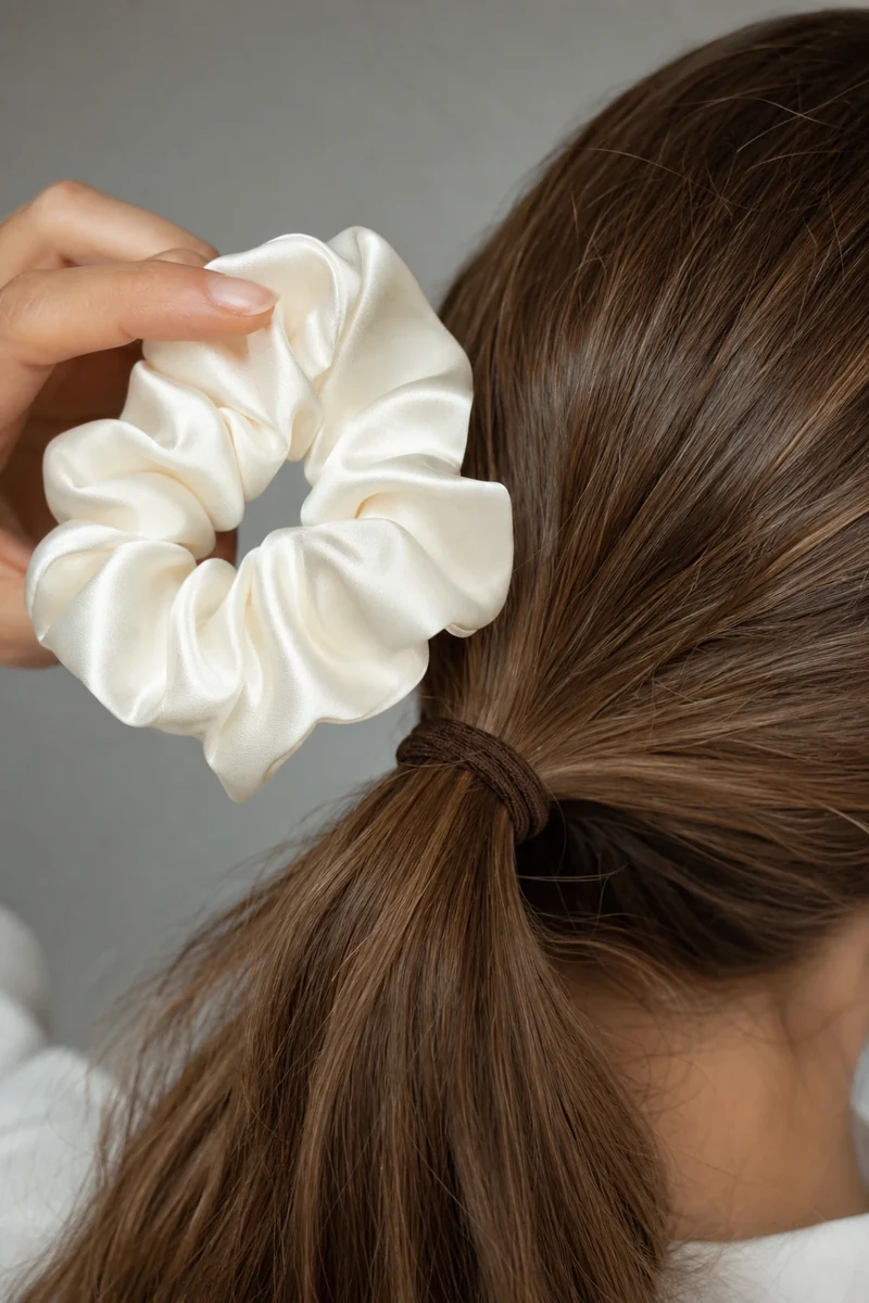 Chouchou en soie ivoire pour attacher les cheveux sans casser la fibre par forte chaleur