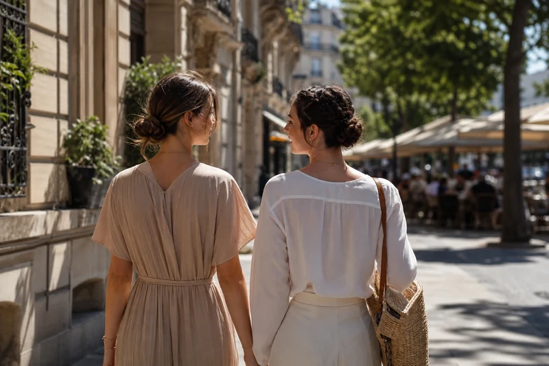 Deux Parisiennes en coiffures anti-canicule marchant en plein soleil, nuques dégagées
