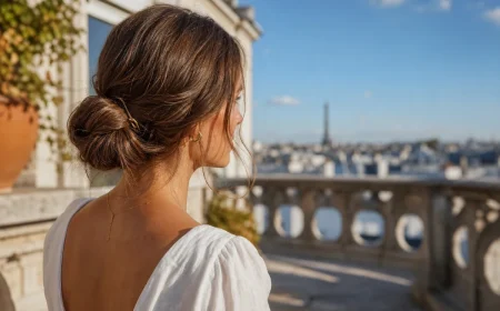 Femme en chignon flou bas dégageant la nuque par forte chaleur, robe en lin claire, terrasse parisienne