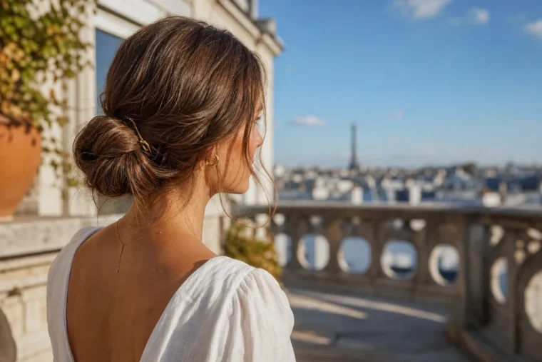 Femme en chignon flou bas dégageant la nuque par forte chaleur, robe en lin claire, terrasse parisienne