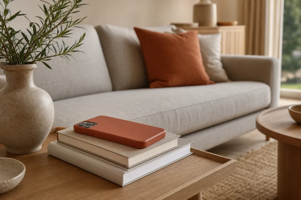 Coque couleur accent qui fait écho à un coussin dans un salon neutre