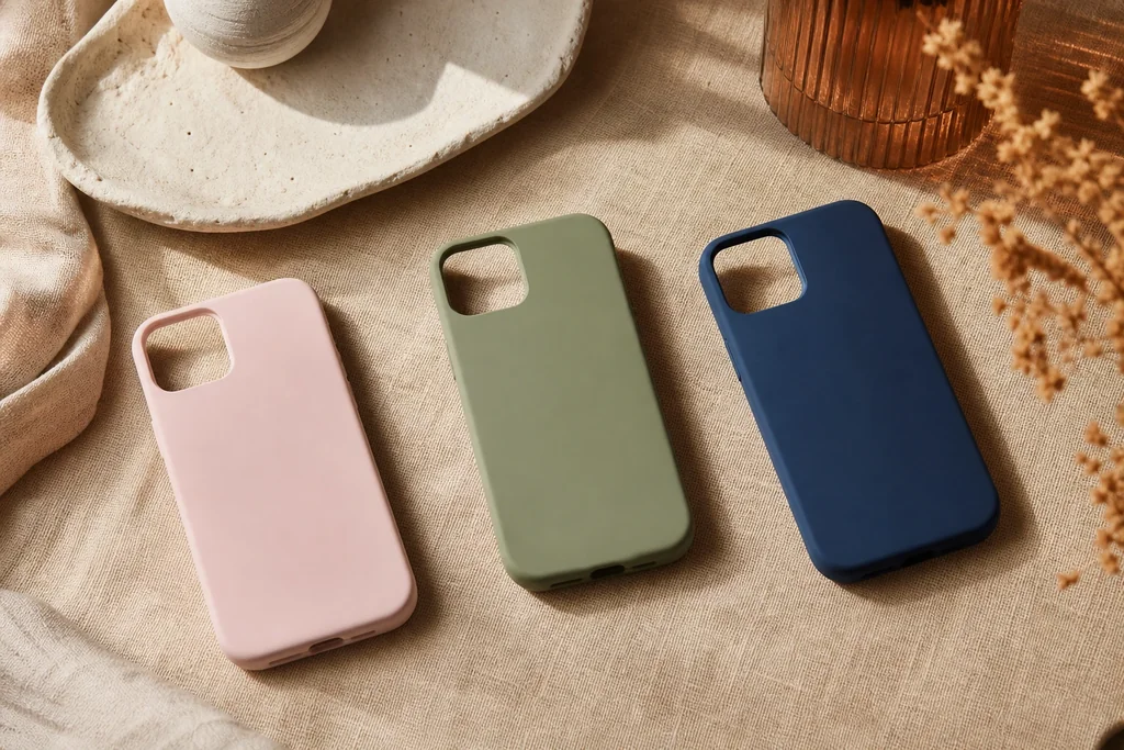 Coques de téléphone rose poudré, vert sauge et bleu profond