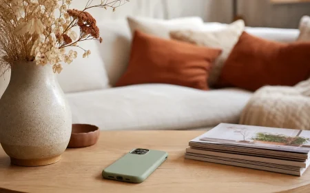Coque de téléphone vert sauge posée sur la table basse au milieu de la déco