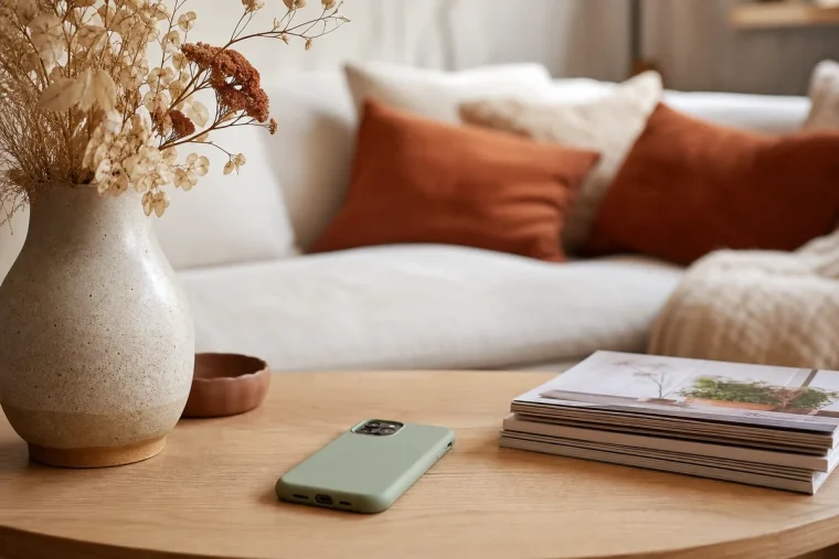 Coque de téléphone vert sauge posée sur la table basse au milieu de la déco