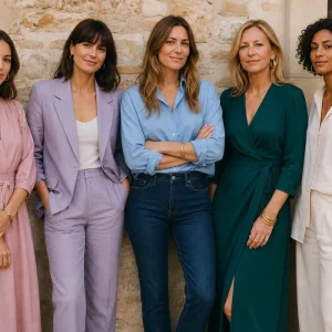 Cinq femmes portent les cinq couleurs tendance de l'été 2026 : rose dragée, lilas fumé, bleu azur, vert Alexandrite et blanc cassé Cloud Dancer