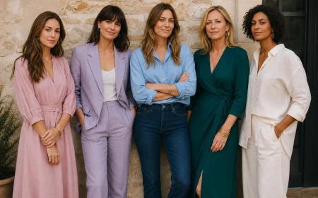 Cinq femmes portent les cinq couleurs tendance de l'été 2026 : rose dragée, lilas fumé, bleu azur, vert Alexandrite et blanc cassé Cloud Dancer