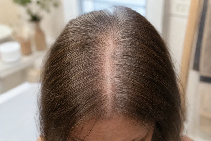 Raie centrale élargie chez une femme ménopausée, cheveux fins clairsemés au sommet du crâne