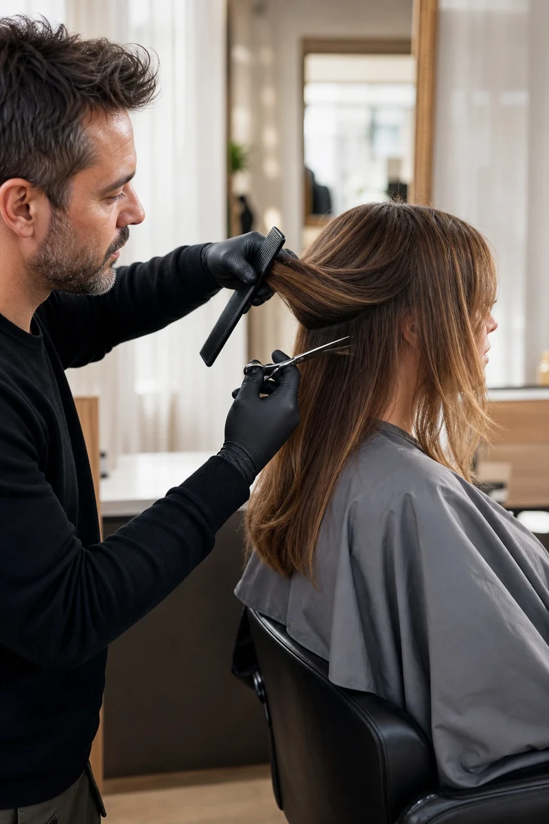 Coiffeur exécutant la technique du dégradé interne (ghost layers) sur cheveux fins
