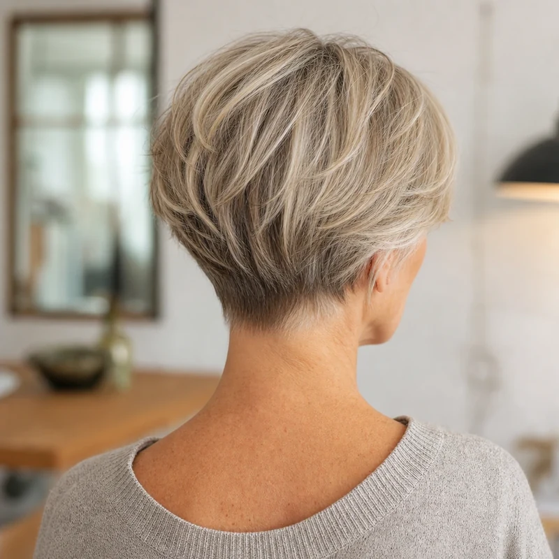 Coupe bixie de dos sur femme de 55 ans, nuque courte et volume au sommet