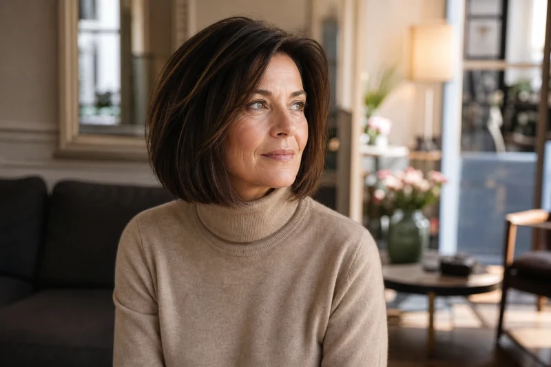 Long bob au menton sur cheveux fins d'une femme de 58 ans
