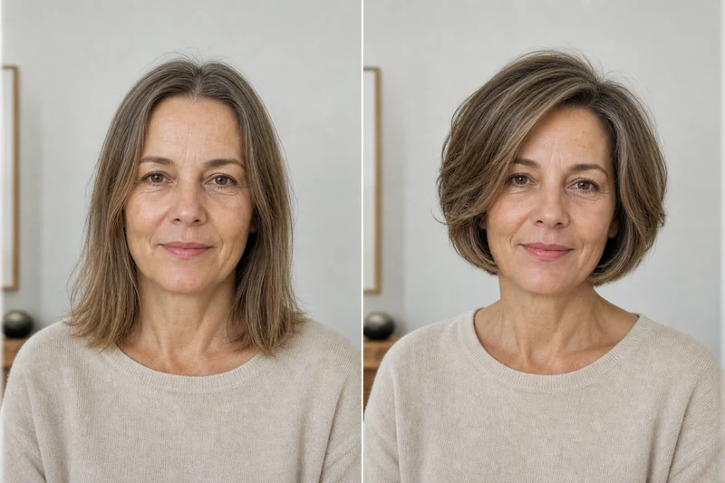 Avant / après : cheveux fins mi-longs plats versus carré court avec dégradé interne