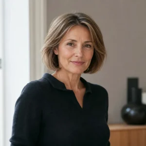 Femme de 55 ans avec un carré court au menton et volume à la couronne obtenu par dégradé interne